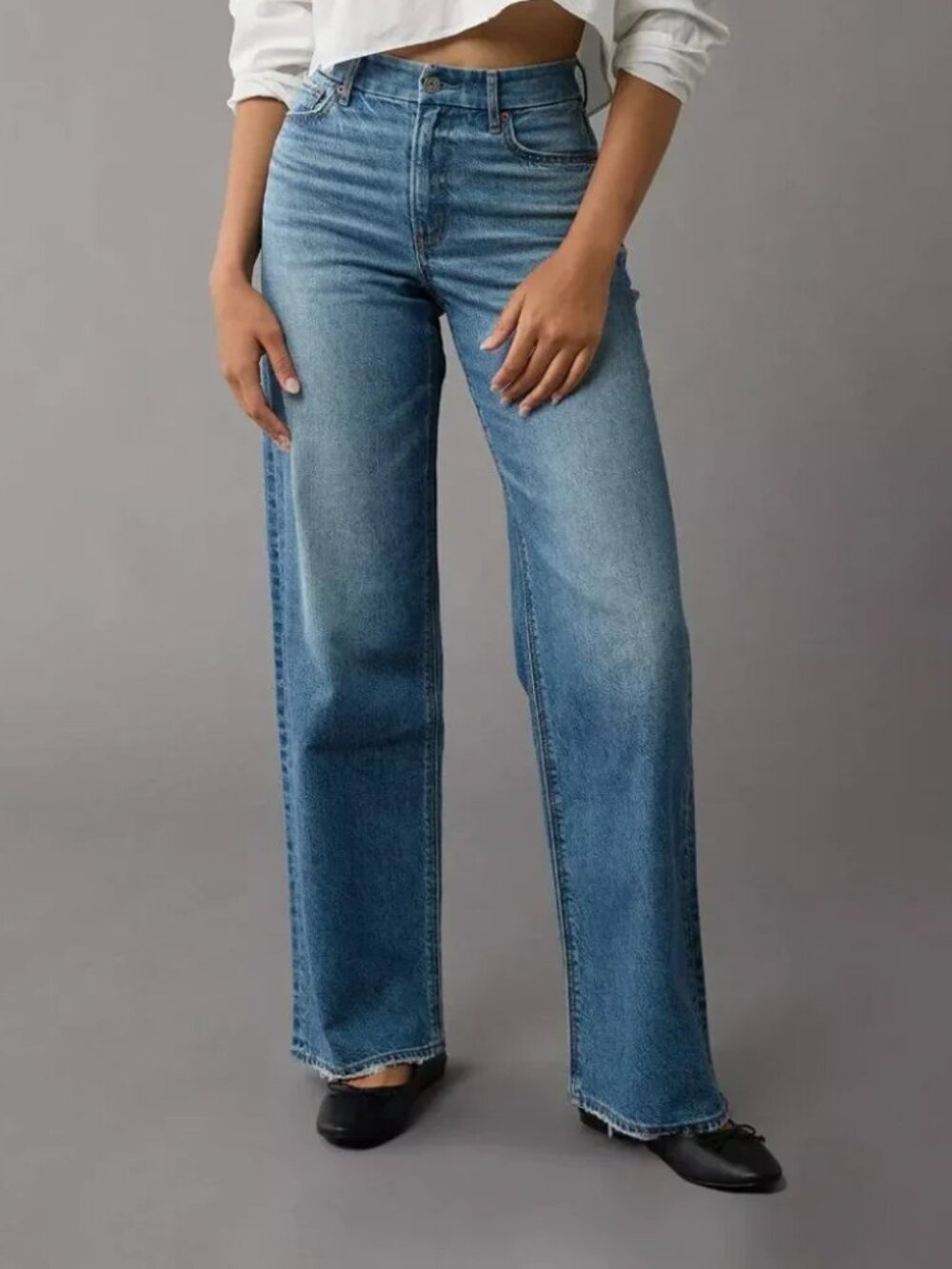 AMERICAN EAGLE CURVY SUPER HIGH-RISE BAGGY STRAIGHT JEANS STRETCH sz 8 Short